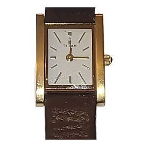 Titan Watch 2171YDA India Gold Tone Case Brown Leather Band Needs New Battery